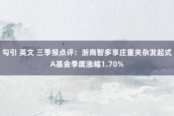 勾引 英文 三季报点评：浙商智多享庄重夹杂发起式A基金季度涨幅1.70%